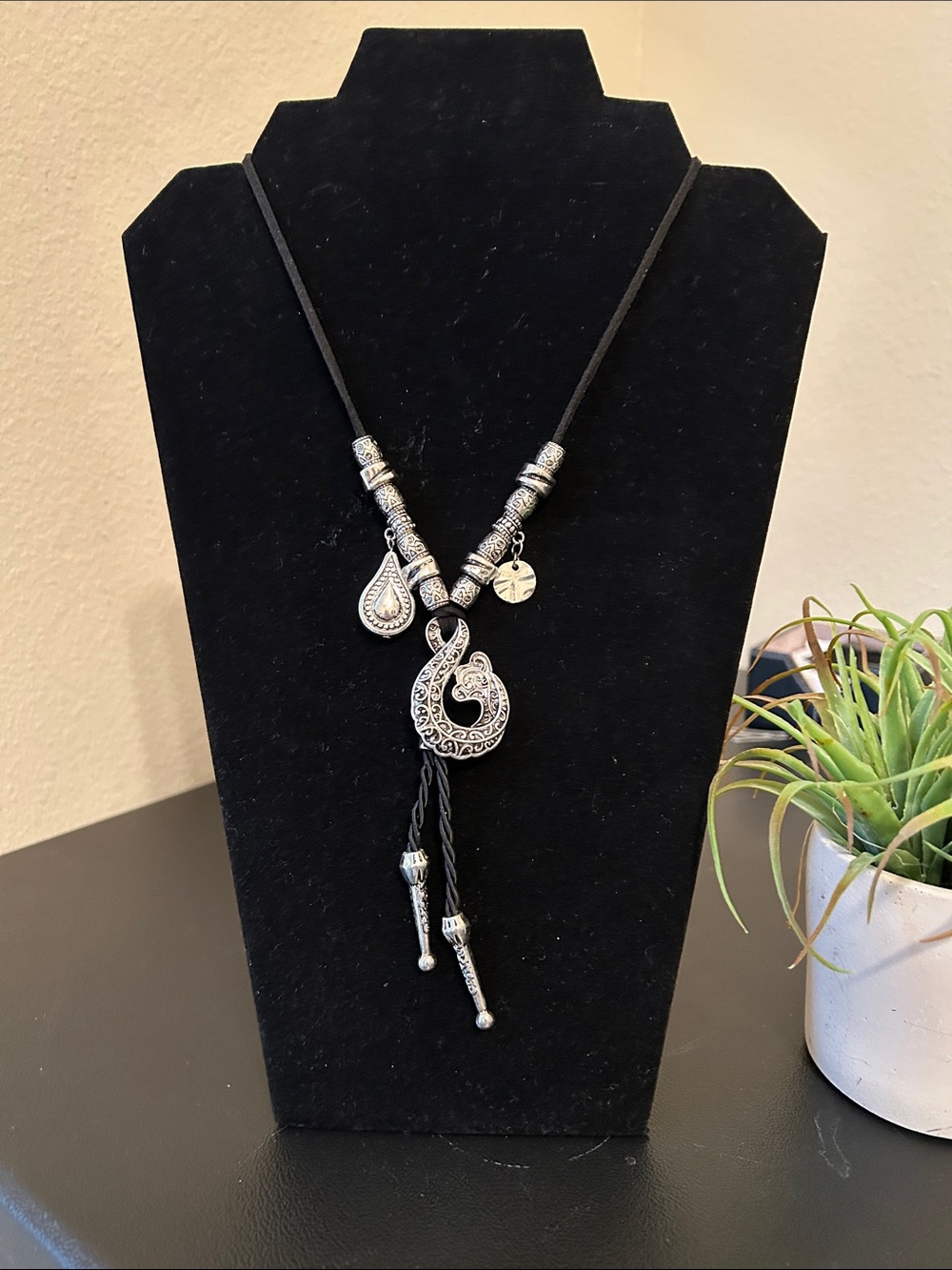Silver-Tone Black Cord Pendant Necklace - Elegant Scroll Design